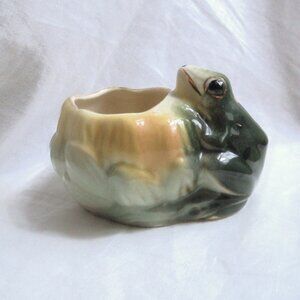 Vintage Frog Toad Green Yellow Gold Lily Pad Planter Holder Small Ceramic Gift